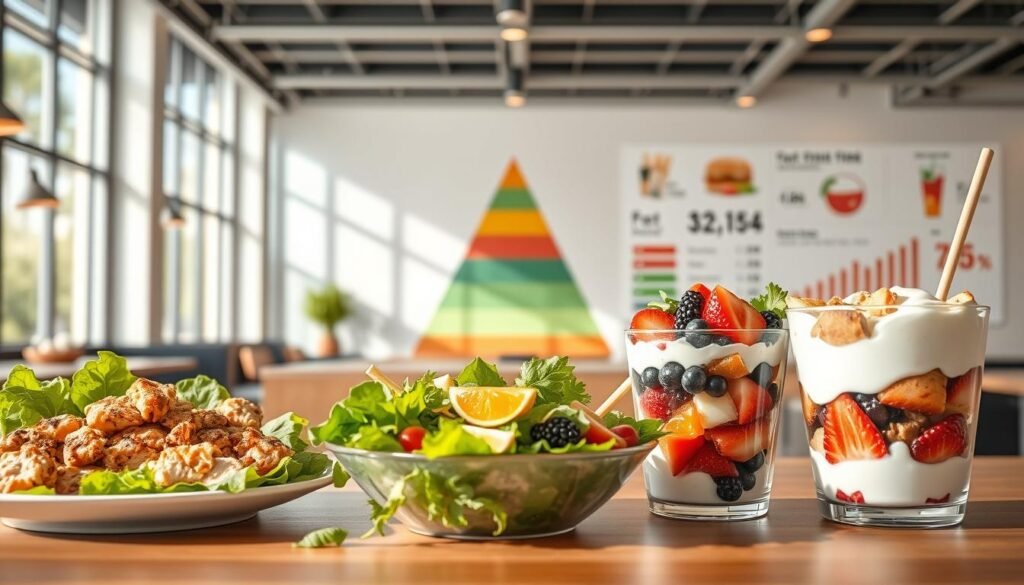 A vibrant and informative health-conscious fast food eating guide illustration, captured in a clean, minimalist style. In the foreground, a variety of healthy fast food options are displayed, including a grilled chicken salad, a veggie-packed burrito bowl, and a fruit and yogurt parfait. The middle ground showcases a sleek, modern restaurant setting with natural lighting filtering through large windows. In the background, a stylized food pyramid and nutritional data visualizations provide valuable context. The overall mood is one of approachable education, encouraging readers to make informed, health-conscious choices when dining on the go. Captured with a wide-angle lens to convey a sense of openness and accessibility.