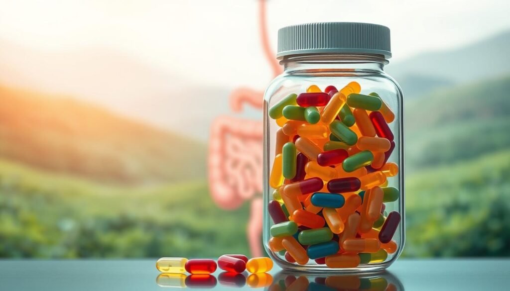 A vibrant illustration of gut health and digestive well-being. In the foreground, a transparent glass jar filled with an array of colorful probiotic capsules, each containing a variety of beneficial bacteria. The middle ground features a stylized cross-section of the human digestive system, with the small and large intestines prominently displayed. The background is a soothing, abstract landscape filled with calming shades of green and blue, evoking a sense of balance and harmony. Soft, diffused lighting casts a warm glow over the scene, creating a comforting and therapeutic atmosphere. The overall composition conveys the restorative power of probiotics in addressing digestive conditions such as irritable bowel syndrome.