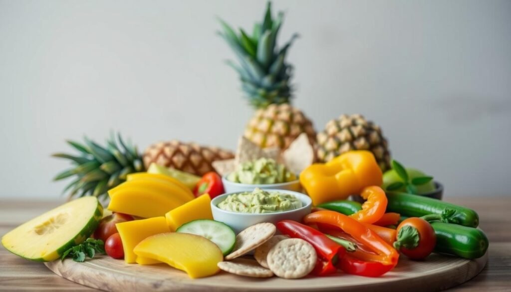 A vibrant still life arrangement of healthy pregnancy snack alternatives that can satisfy cravings for hot and spicy foods. In the foreground, an assortment of colorful fruits and vegetables, such as sliced mango, pineapple, cucumber, and bell peppers, arranged artfully on a wooden surface. In the middle ground, a small bowl of hummus or avocado dip, accompanied by whole-grain crackers or pita bread. The background features a minimalist, natural-toned setting, with a soft, diffused lighting that highlights the freshness and vibrancy of the ingredients. The overall composition evokes a sense of nourishment, balance, and mindful indulgence, capturing the essence of satisfying pregnancy cravings in a healthy and delightful way. A vibrant still life arrangement of healthy pregnancy snack alternatives that can satisfy cravings for hot and spicy foods. In the foreground, an assortment of colorful fruits and vegetables, such as sliced mango, pineapple, cucumber, and bell peppers, arranged artfully on a wooden surface. In the middle ground, a small bowl of hummus or avocado dip, accompanied by whole-grain crackers or pita bread. The background features a minimalist, natural-toned setting, with a soft, diffused lighting that highlights the freshness and vibrancy of the ingredients. The overall composition evokes a sense of nourishment, balance, and mindful indulgence, capturing the essence of satisfying pregnancy cravings in a healthy and delightful way.