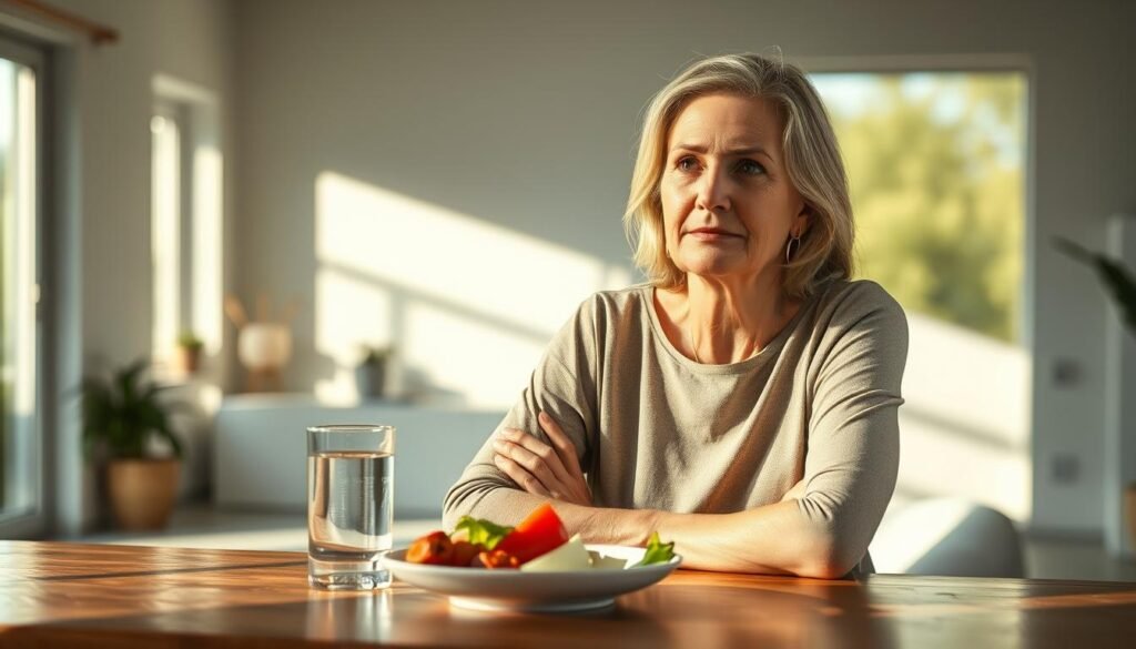 A vibrant, well-lit scene depicting a middle-aged woman in a serene, contemplative pose. She sits at a table, a glass of water and plate of fresh vegetables before her, symbolizing the healthy, balanced diet associated with intermittent fasting. The woman's expression is one of calm focus, her gaze introspective, as she considers the unique health benefits of this approach for women over 40. The background features a minimalist, modern interior, with soft natural lighting filtering through large windows, creating a sense of tranquility and self-care. The overall mood is one of holistic well-being, reflecting the transformative power of intermittent fasting for this demographic. A vibrant, well-lit scene depicting a middle-aged woman in a serene, contemplative pose. She sits at a table, a glass of water and plate of fresh vegetables before her, symbolizing the healthy, balanced diet associated with intermittent fasting. The woman's expression is one of calm focus, her gaze introspective, as she considers the unique health benefits of this approach for women over 40. The background features a minimalist, modern interior, with soft natural lighting filtering through large windows, creating a sense of tranquility and self-care. The overall mood is one of holistic well-being, reflecting the transformative power of intermittent fasting for this demographic.
