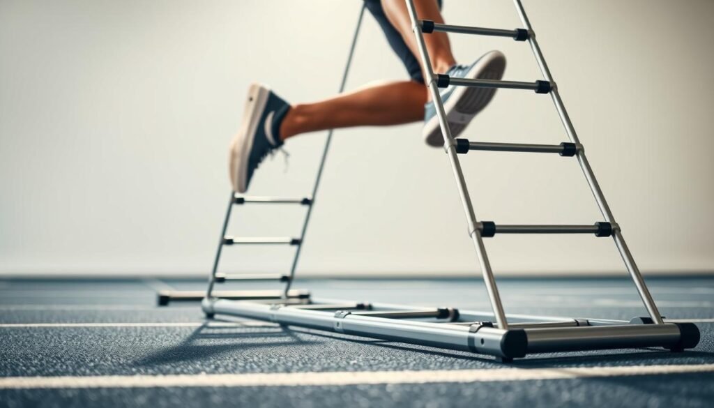 A vibrant, well-lit scene showcasing a person performing dynamic ladder drills on a sleek, modern athletic surface. The foreground features the athlete rapidly moving through the ladder, their feet dancing between the rungs in a blur of speed and precision. The middle ground captures the ladder's intricate design, with clean lines and a sturdy metal frame. The background subtly fades into a softly-lit, minimalist setting, emphasizing the focus on the athlete's agile movements. The overall image conveys the benefits of incorporating ladder drills into a training regimen, highlighting the improvements in speed, agility, and overall athletic performance.