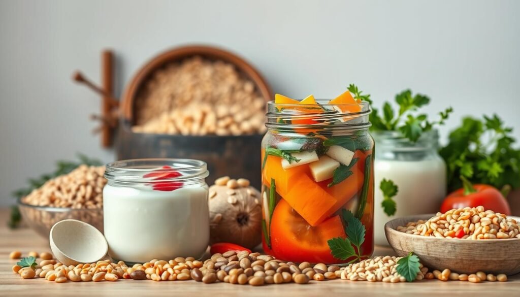 A vibrant, well-lit still life composition showcasing various probiotic-rich foods for constipation relief. In the foreground, a glass jar filled with a vibrant assortment of yogurt, kefir, and fermented vegetables, their colors and textures contrasting beautifully. In the middle ground, a selection of whole grains, legumes, and fresh herbs, hinting at the fiber-rich ingredients that can also aid digestion. The background features a clean, minimalist backdrop, allowing the natural, nourishing elements to take center stage. Soft, diffused lighting casts a warm, inviting glow over the scene, emphasizing the healthy, gut-friendly nature of the displayed items. The overall mood is one of wellness, balance, and the restorative power of probiotic-rich foods.