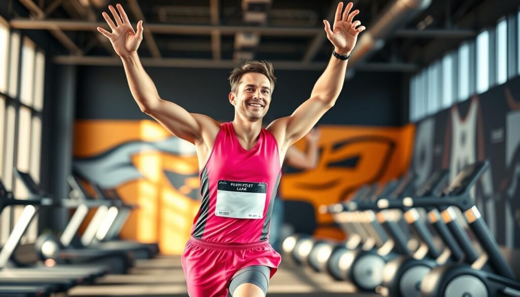 A vivid scene of a runner celebrating their personal best in cardio fitness. The foreground depicts an athletic individual in a running pose, arms raised triumphantly, their expression filled with exhilaration. They wear high-performance activewear in vibrant colors, the fabric accentuating their lean, muscular frame. The middle ground showcases a state-of-the-art fitness facility, with sleek equipment and motivational wall graphics. The background is softly blurred, conveying a sense of energy and focus, with natural lighting streaming in from large windows, casting a warm, invigorating glow. The overall atmosphere is one of achievement, determination, and the pride that comes with reaching a personal cardio milestone. A vivid scene of a runner celebrating their personal best in cardio fitness. The foreground depicts an athletic individual in a running pose, arms raised triumphantly, their expression filled with exhilaration. They wear high-performance activewear in vibrant colors, the fabric accentuating their lean, muscular frame. The middle ground showcases a state-of-the-art fitness facility, with sleek equipment and motivational wall graphics. The background is softly blurred, conveying a sense of energy and focus, with natural lighting streaming in from large windows, casting a warm, invigorating glow. The overall atmosphere is one of achievement, determination, and the pride that comes with reaching a personal cardio milestone.