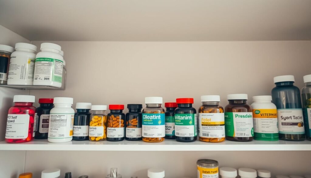 A well-lit, clean, and organized shelving unit displaying various vitamin bottles and supplement containers. The foreground features an array of different shaped and colored bottles, including both capsules and soft gels, neatly arranged. The middle ground showcases the expiry dates and shelf life information clearly printed on the labels. The background has a neutral, slightly blurred but warm-toned backdrop, emphasizing the focus on the vitamins. The lighting is natural and directional, creating subtle shadows and highlights that accentuate the textural details of the packaging. The overall composition conveys a sense of order, quality, and attention to detail, reflecting the importance of understanding vitamin shelf life. A well-lit, clean, and organized shelving unit displaying various vitamin bottles and supplement containers. The foreground features an array of different shaped and colored bottles, including both capsules and soft gels, neatly arranged. The middle ground showcases the expiry dates and shelf life information clearly printed on the labels. The background has a neutral, slightly blurred but warm-toned backdrop, emphasizing the focus on the vitamins. The lighting is natural and directional, creating subtle shadows and highlights that accentuate the textural details of the packaging. The overall composition conveys a sense of order, quality, and attention to detail, reflecting the importance of understanding vitamin shelf life.