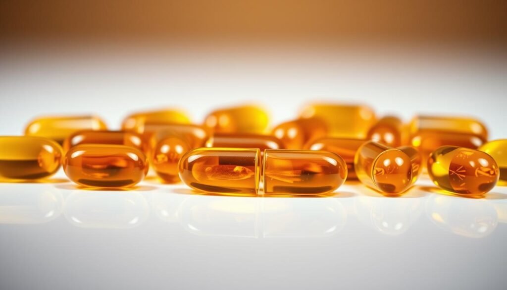 A well-lit closeup photograph of a grouping of fish oil supplement capsules and softgels, arranged neatly on a clean, reflective surface. The capsules and softgels should have a natural, amber-colored appearance, conveying the essence of the natural fish oil extract. The lighting should be warm and evenly distributed, highlighting the glossy, softly textured surfaces of the supplements. The composition should be balanced, with the supplements occupying the foreground and a clean, minimalist background to create a sense of focus and emphasis on the subject matter. The overall mood should be one of quality, purity, and health. A well-lit closeup photograph of a grouping of fish oil supplement capsules and softgels, arranged neatly on a clean, reflective surface. The capsules and softgels should have a natural, amber-colored appearance, conveying the essence of the natural fish oil extract. The lighting should be warm and evenly distributed, highlighting the glossy, softly textured surfaces of the supplements. The composition should be balanced, with the supplements occupying the foreground and a clean, minimalist background to create a sense of focus and emphasis on the subject matter. The overall mood should be one of quality, purity, and health.