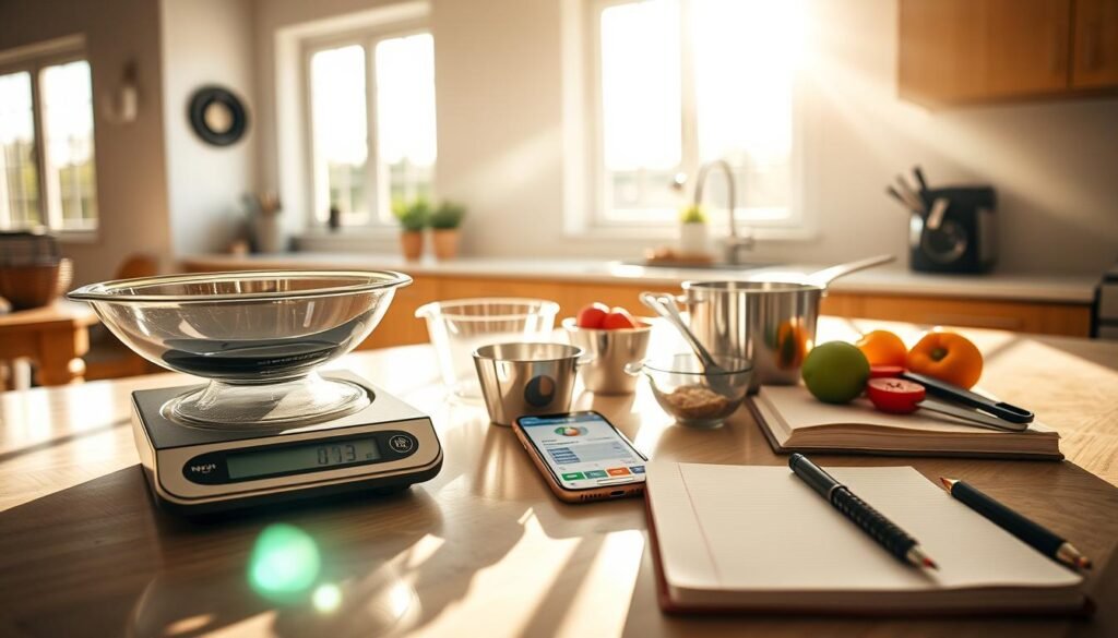 A well-lit kitchen counter displays an assortment of dietary tools: a digital food scale, measuring cups and spoons, a calorie-tracking app on a smartphone, and a notebook for manual calorie logging. Sunlight streams in through large windows, casting a warm, natural glow over the scene. The arrangement conveys a sense of precision, organization, and a methodical approach to accurately measuring calorie intake and expenditure, beyond the limitations of fitness trackers. The overall mood is one of focus, diligence, and a commitment to reaching health and fitness goals through disciplined, data-driven practices. A well-lit kitchen counter displays an assortment of dietary tools: a digital food scale, measuring cups and spoons, a calorie-tracking app on a smartphone, and a notebook for manual calorie logging. Sunlight streams in through large windows, casting a warm, natural glow over the scene. The arrangement conveys a sense of precision, organization, and a methodical approach to accurately measuring calorie intake and expenditure, beyond the limitations of fitness trackers. The overall mood is one of focus, diligence, and a commitment to reaching health and fitness goals through disciplined, data-driven practices.