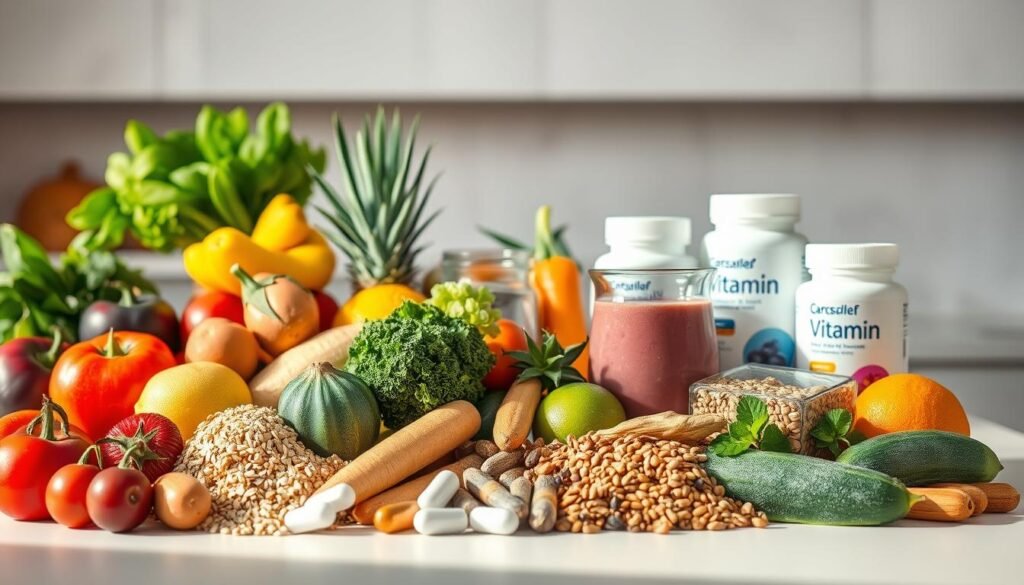 A well-lit still life scene depicting a balanced diet and supplementation. In the foreground, an assortment of fresh fruits, vegetables, and whole grains arranged harmoniously. Behind them, a selection of various vitamin and mineral supplements in sleek, modern packaging. The middle ground features a glass of water and a smoothie, symbolizing hydration and nutrient-dense beverages. The background is softly blurred, showcasing a minimalist kitchen counter or table, lending an air of simplicity and wellness. The lighting is warm and natural, casting gentle shadows and highlighting the vibrant colors of the produce. The overall composition radiates a sense of balance, health, and the complementary relationship between a balanced diet and targeted supplementation. A well-lit still life scene depicting a balanced diet and supplementation. In the foreground, an assortment of fresh fruits, vegetables, and whole grains arranged harmoniously. Behind them, a selection of various vitamin and mineral supplements in sleek, modern packaging. The middle ground features a glass of water and a smoothie, symbolizing hydration and nutrient-dense beverages. The background is softly blurred, showcasing a minimalist kitchen counter or table, lending an air of simplicity and wellness. The lighting is warm and natural, casting gentle shadows and highlighting the vibrant colors of the produce. The overall composition radiates a sense of balance, health, and the complementary relationship between a balanced diet and targeted supplementation.