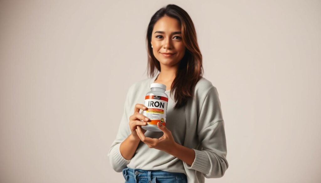 A well-lit studio scene depicting a woman standing confidently, holding a bottle of iron supplements. She is positioned in the foreground, surrounded by a clean, minimalist background with a subtle gradient. Warm, natural lighting illuminates her face, emphasizing a sense of health and vitality. The iron supplement bottle is prominently displayed, its label clearly visible, conveying the importance of iron for women's wellness. The overall composition and mood suggest the benefits of iron supplementation for non-pregnant women, highlighting its role in maintaining energy, focus, and overall well-being. A well-lit studio scene depicting a woman standing confidently, holding a bottle of iron supplements. She is positioned in the foreground, surrounded by a clean, minimalist background with a subtle gradient. Warm, natural lighting illuminates her face, emphasizing a sense of health and vitality. The iron supplement bottle is prominently displayed, its label clearly visible, conveying the importance of iron for women's wellness. The overall composition and mood suggest the benefits of iron supplementation for non-pregnant women, highlighting its role in maintaining energy, focus, and overall well-being.