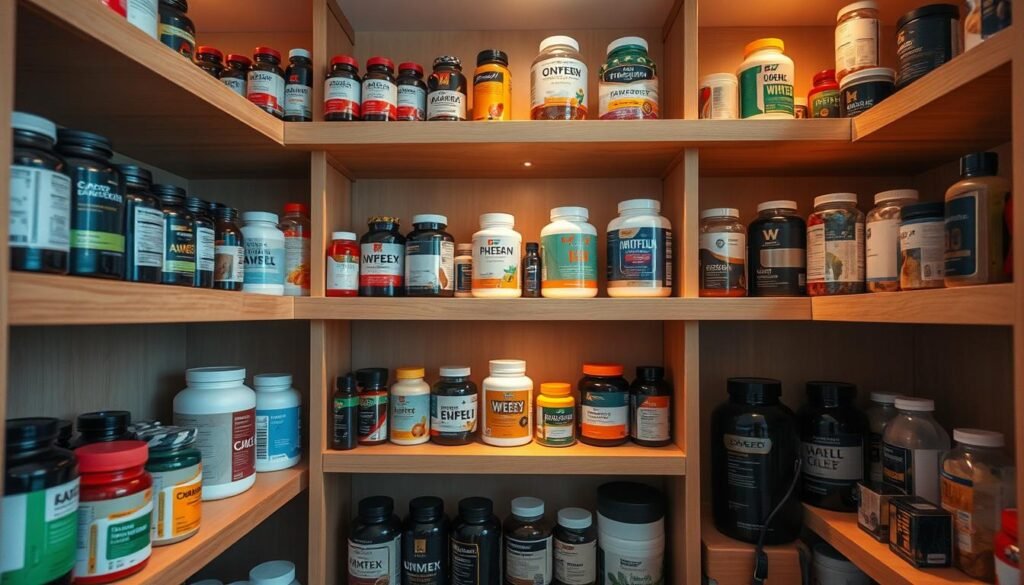 A well-organized and neatly arranged storage space for various supplement bottles, jars, and containers. The shelves are made of sleek, minimalist wood, with adequate spacing between the items to ensure easy access and visibility. The lighting is soft and ambient, casting a warm glow on the supplements, accentuating their colors and textures. The camera angle is slightly elevated, providing a clear, unobstructed view of the storage setup. The overall atmosphere is one of order, cleanliness, and attention to detail, reflecting the importance of properly storing supplements to extend their shelf life. A well-organized and neatly arranged storage space for various supplement bottles, jars, and containers. The shelves are made of sleek, minimalist wood, with adequate spacing between the items to ensure easy access and visibility. The lighting is soft and ambient, casting a warm glow on the supplements, accentuating their colors and textures. The camera angle is slightly elevated, providing a clear, unobstructed view of the storage setup. The overall atmosphere is one of order, cleanliness, and attention to detail, reflecting the importance of properly storing supplements to extend their shelf life.