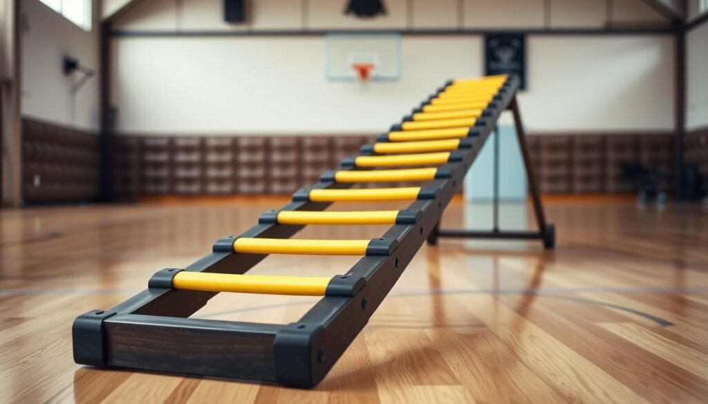 An agility ladder lies on a well-lit, wooden gymnasium floor. The ladder features evenly spaced rungs, their bright yellow hue contrasting against the dark, sturdy wooden steps. The ladder is positioned diagonally, creating a sense of dynamism and movement. The background is blurred, with hints of gym equipment and padded walls visible, emphasizing the ladder as the focal point. The lighting is soft and diffused, creating a warm, inviting atmosphere, perfect for demonstrating agility drills. The camera angle is slightly elevated, capturing the ladder from an angle that highlights its length and the athlete's potential movements. This image conveys the essential equipment and setup needed for effective agility training, as described in the article.