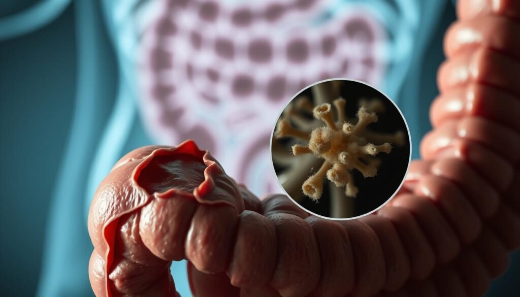 An anatomical cross-section of the small intestine, showcasing malabsorption issues. The foreground depicts the intestinal lining with damaged villi, impaired nutrient absorption. The middle ground features a magnified view of the damaged microvilli, highlighting the underlying cellular-level disruptions. The background sets a clinical atmosphere, with a softly blurred medical illustration or X-ray of the digestive system. Muted color palette, subtle lighting from the side to accentuate the textural details. The overall mood conveys the complex physiological mechanisms behind malabsorption disorders. An anatomical cross-section of the small intestine, showcasing malabsorption issues. The foreground depicts the intestinal lining with damaged villi, impaired nutrient absorption. The middle ground features a magnified view of the damaged microvilli, highlighting the underlying cellular-level disruptions. The background sets a clinical atmosphere, with a softly blurred medical illustration or X-ray of the digestive system. Muted color palette, subtle lighting from the side to accentuate the textural details. The overall mood conveys the complex physiological mechanisms behind malabsorption disorders.