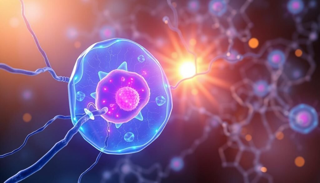 An energetic scene of Vitamin B12 powering cellular metabolism. In the foreground, a glowing, translucent mitochondrion pulsates with vibrant blue and purple hues, representing the organelle's role as the cell's "powerhouse." The middle ground features a network of intricate, interconnected pathways and channels, symbolizing the complex biochemical reactions involved in energy production. In the background, a warm, golden light emanates, conveying a sense of vitality and rejuvenation. The overall composition suggests the vital importance of Vitamin B12 in generating cellular energy, a crucial process for combating fatigue and maintaining a healthy, energetic lifestyle. An energetic scene of Vitamin B12 powering cellular metabolism. In the foreground, a glowing, translucent mitochondrion pulsates with vibrant blue and purple hues, representing the organelle's role as the cell's "powerhouse." The middle ground features a network of intricate, interconnected pathways and channels, symbolizing the complex biochemical reactions involved in energy production. In the background, a warm, golden light emanates, conveying a sense of vitality and rejuvenation. The overall composition suggests the vital importance of Vitamin B12 in generating cellular energy, a crucial process for combating fatigue and maintaining a healthy, energetic lifestyle.