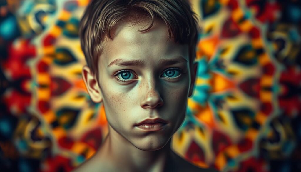 An intricate and multi-layered portrait, capturing the essence of Autism Spectrum Disorder (ASD). In the foreground, a delicate and pensive figure, their gaze intense yet introspective, conveying the unique perceptual and cognitive experiences of those on the spectrum. The middle ground features a vibrant, kaleidoscopic backdrop, symbolizing the rich inner world and diverse strengths often associated with ASD. Soft, diffused lighting illuminates the scene, creating a contemplative and serene atmosphere. The composition is balanced, with elements of symmetry and asymmetry, mirroring the nuanced and individualized nature of this neurological condition. This image seeks to cultivate a deeper understanding and appreciation for the distinctive perspectives and lived experiences of individuals on the Autism Spectrum.