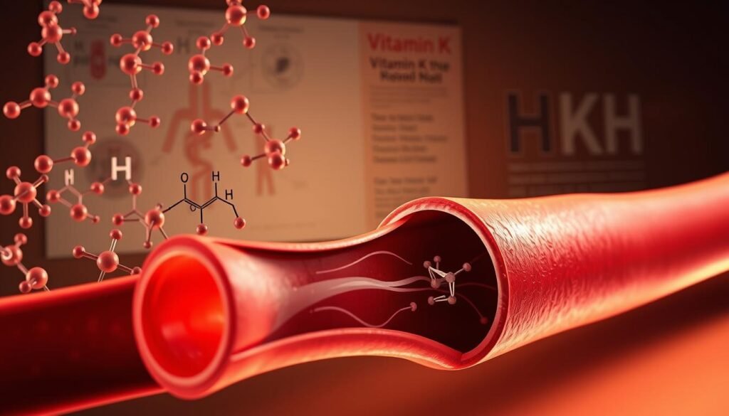 An intricately detailed illustration showcasing the role of vitamin K in vascular health. In the foreground, a cross-section of a healthy blood vessel, its walls reinforced by a network of elastin and collagen fibers. Surrounding it, an array of vitamin K molecules, their chemical structures rendered with precision. In the middle ground, a visualization of the vitamin's mechanism, inhibiting the calcification of vessel walls and promoting smooth, unobstructed blood flow. The background features a medical diagram, illustrating the connections between vitamin K deficiency and increased risk of cardiovascular disease. Warm, muted tones convey the seriousness of the subject, while subtle lighting and depth of field draw the viewer's focus to the key elements. Rendered in a hyper-realistic, scientific style to maximize informational impact. An intricately detailed illustration showcasing the role of vitamin K in vascular health. In the foreground, a cross-section of a healthy blood vessel, its walls reinforced by a network of elastin and collagen fibers. Surrounding it, an array of vitamin K molecules, their chemical structures rendered with precision. In the middle ground, a visualization of the vitamin's mechanism, inhibiting the calcification of vessel walls and promoting smooth, unobstructed blood flow. The background features a medical diagram, illustrating the connections between vitamin K deficiency and increased risk of cardiovascular disease. Warm, muted tones convey the seriousness of the subject, while subtle lighting and depth of field draw the viewer's focus to the key elements. Rendered in a hyper-realistic, scientific style to maximize informational impact.