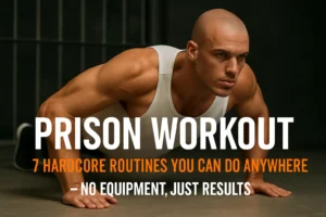 Muscular man doing a prison workout push-up in a gritty gym environment, showing strength and discipline.