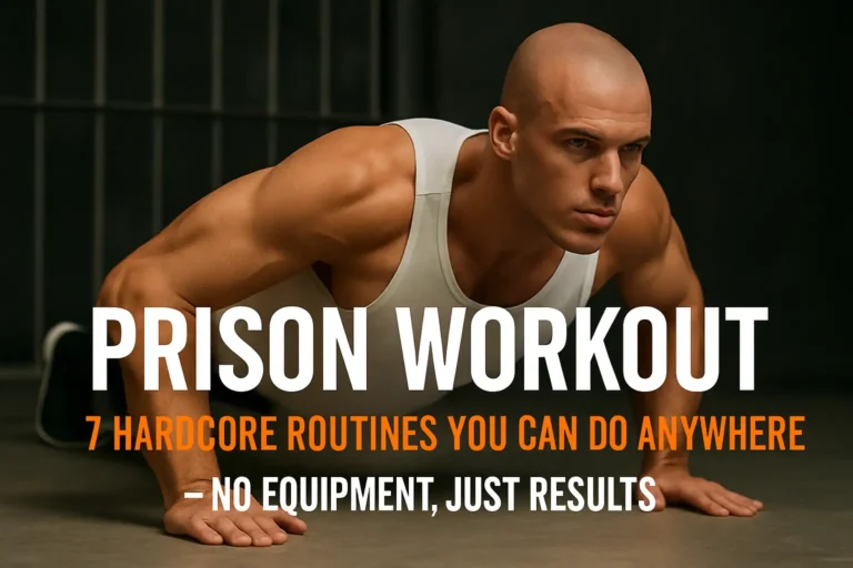 Muscular man doing a prison workout push-up in a gritty gym environment, showing strength and discipline.