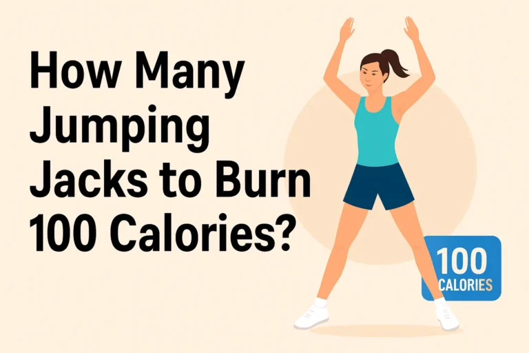 Illustration showing a woman performing jumping jacks with the title "How Many Jumping Jacks to Burn 100 Calories" to highlight quick calorie-burning exercises.