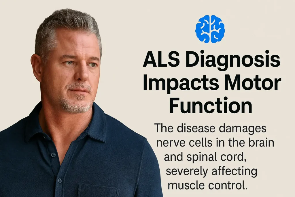 Eric Dane in a navy shirt alongside educational text about ALS and motor function, set against a soft beige background.