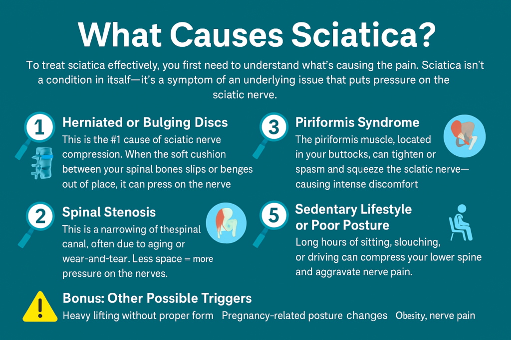 Infographic listing the top five causes of sciatica including herniated discs, spinal stenosis, piriformis syndrome, poor posture, and other triggers like heavy lifting or pregnancy posture changes.