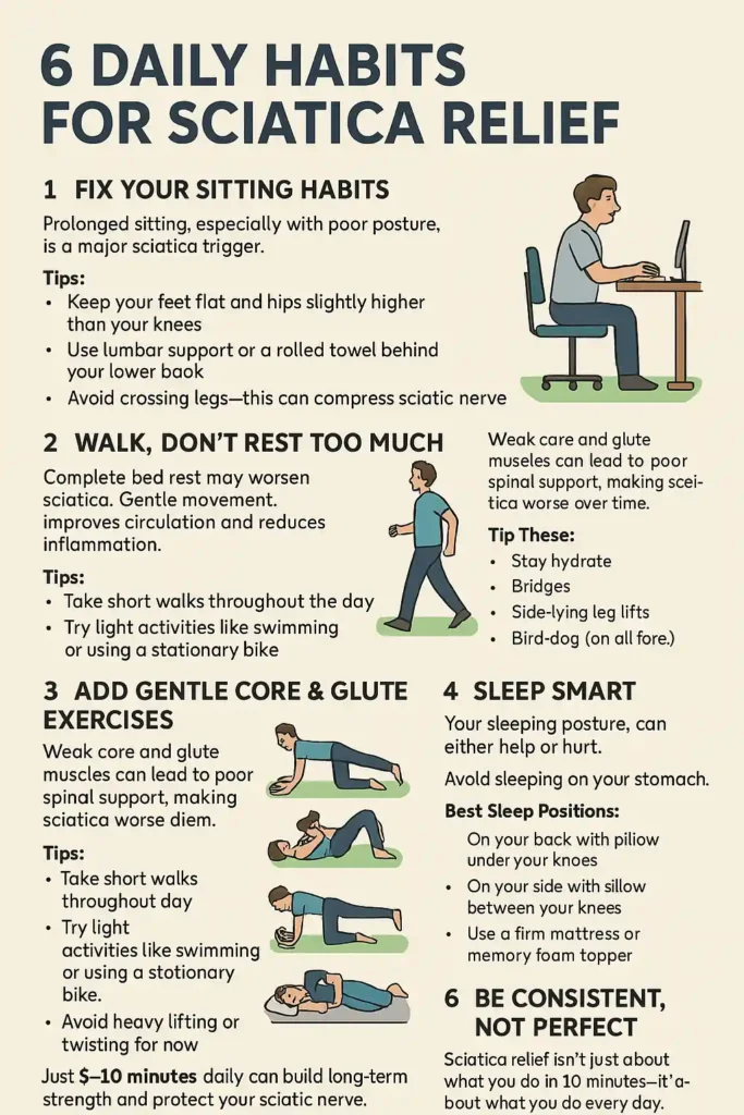 Infographic showing six daily habits to relieve sciatica, including tips on sitting posture, walking, core exercises, reducing inflammation, smart sleeping positions, and maintaining consistency.
