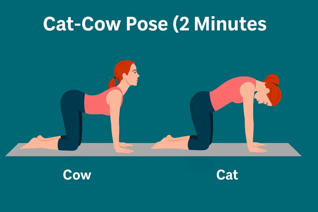 Illustration of a woman performing Cat-Cow yoga pose sequence on a mat, with side-by-side images showing the arched-back Cow Pose and rounded-back Cat Pose.
