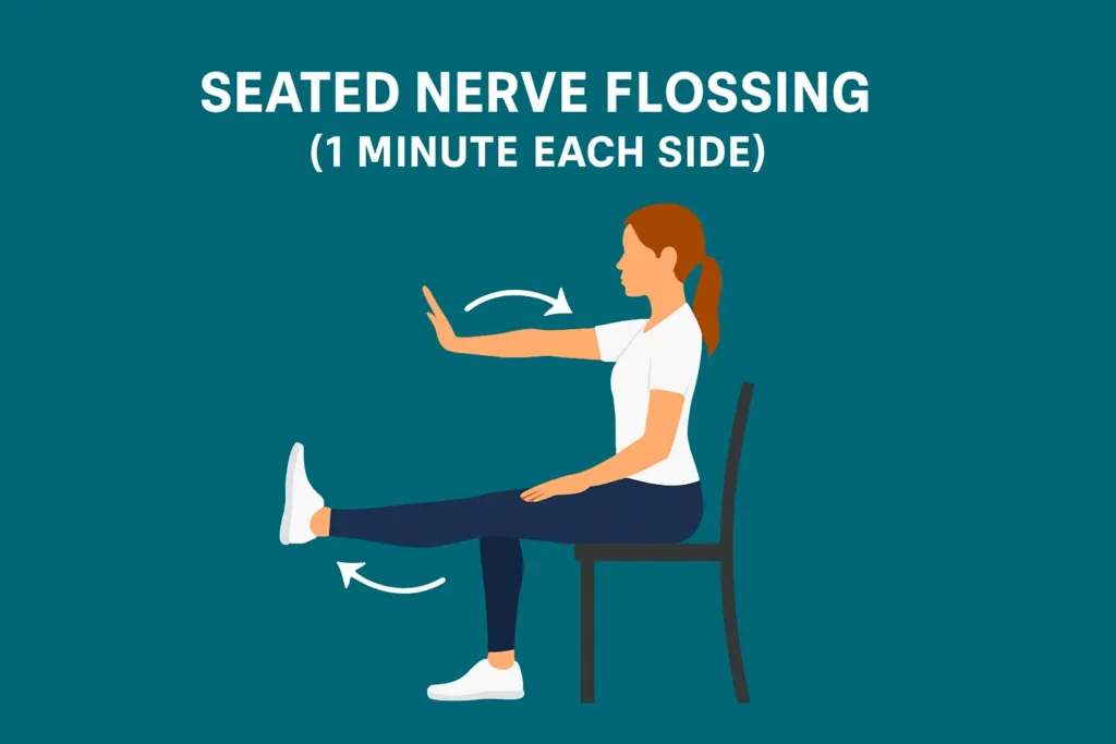 Illustration of a woman performing seated nerve flossing on a chair, with one leg extended and arm raised, demonstrating controlled head and leg movement to mobilize the sciatic nerve.