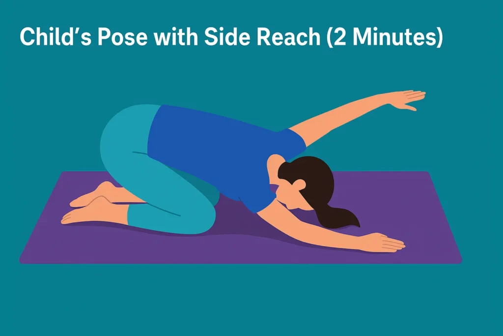 Illustration of a woman performing Child’s Pose with Side Reach on a yoga mat, showing a gentle lateral stretch for spinal and hip relief.