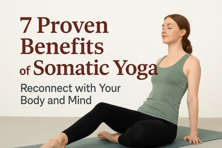 A woman practicing somatic yoga in a seated pose on a mat with eyes closed, highlighting calmness and mindfulness.
