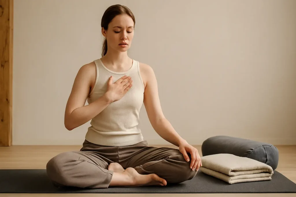 A young woman practices somatic yoga seated cross-legged on a mat with one hand on her heart, surrounded by calming yoga props in a minimalist, softly lit room.