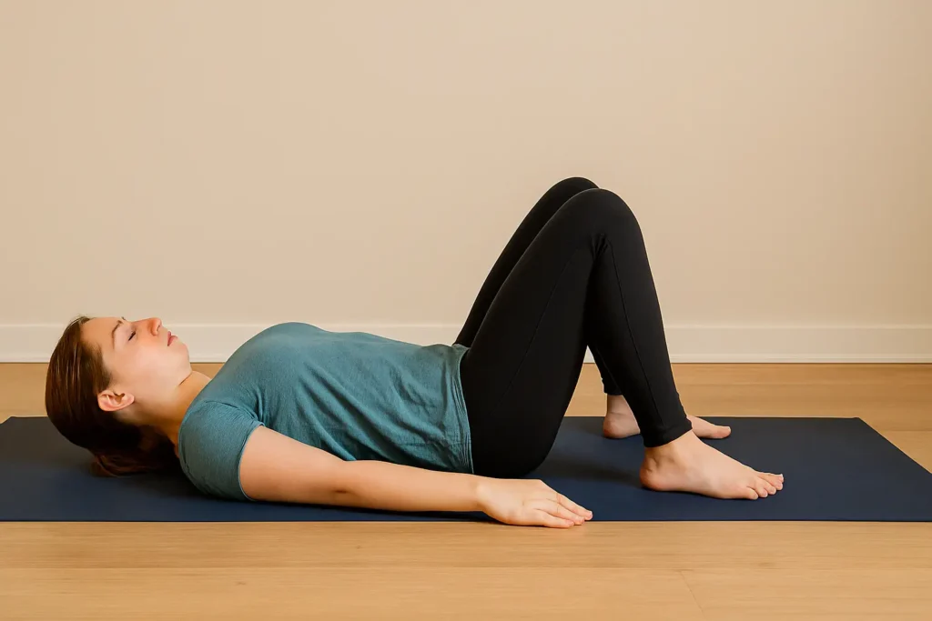 Woman lying on her back in Constructive Rest Pose with knees bent and feet flat on a yoga mat.