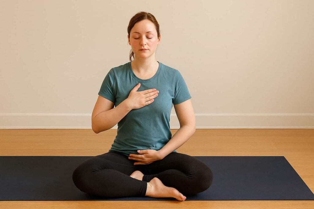 Woman seated cross-legged with one hand on her chest and the other on her belly, practicing deep yogic breathing.