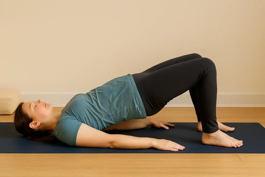 Woman performing Bridge Pose on a yoga mat with hips lifted and arms grounded beside her body.