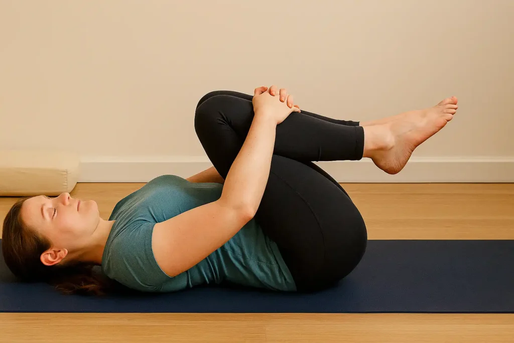 Woman lying on her back holding both knees to her chest in Knees-to-Chest Pose on a yoga mat.