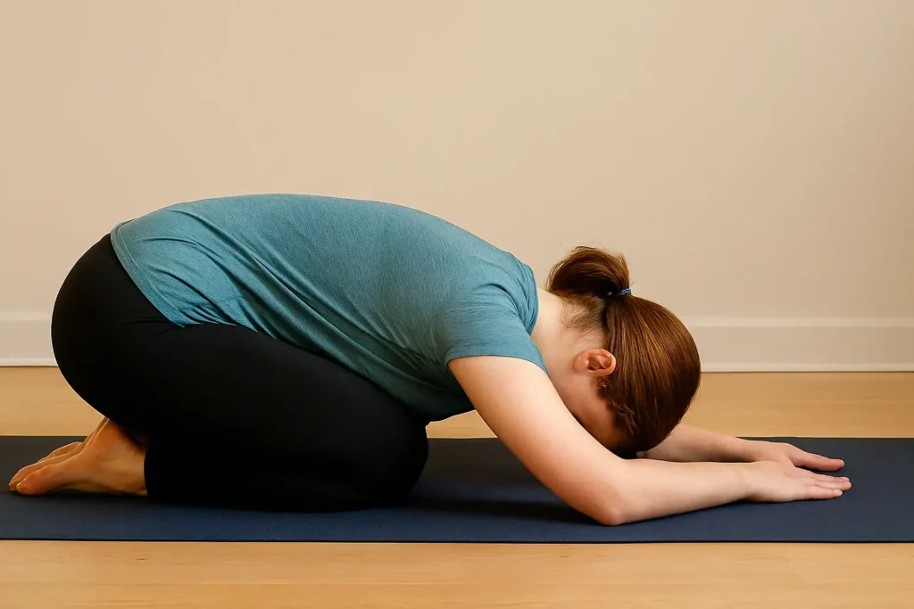 A woman in a teal shirt and black leggings practices Child’s Pose with her forehead resting on her arms, on a navy blue yoga mat in a peaceful, minimalist room.