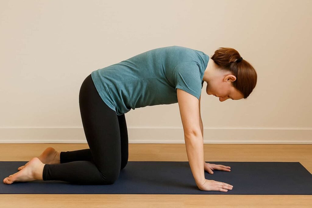 A woman in a teal shirt and black leggings practicing the Cat pose of Cat-Cow yoga on a navy mat in a quiet, softly lit room, with her back rounded and head tucked in.
