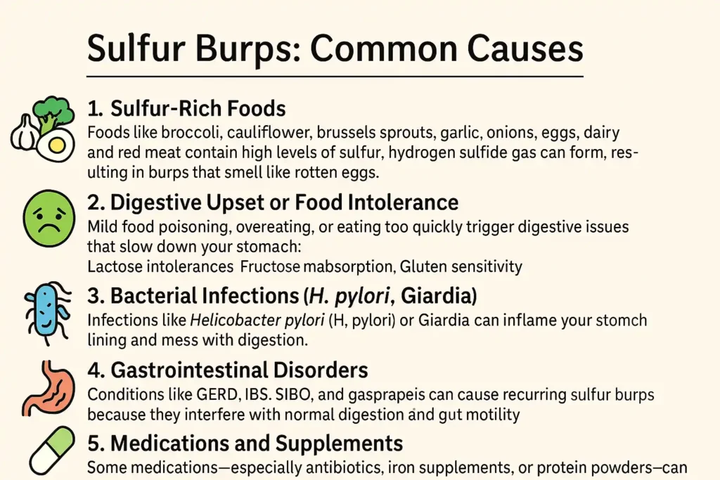 Infographic listing five common causes of sulfur burps, including sulfur-rich foods, digestive upset, bacterial infections, gastrointestinal disorders, and medications.
