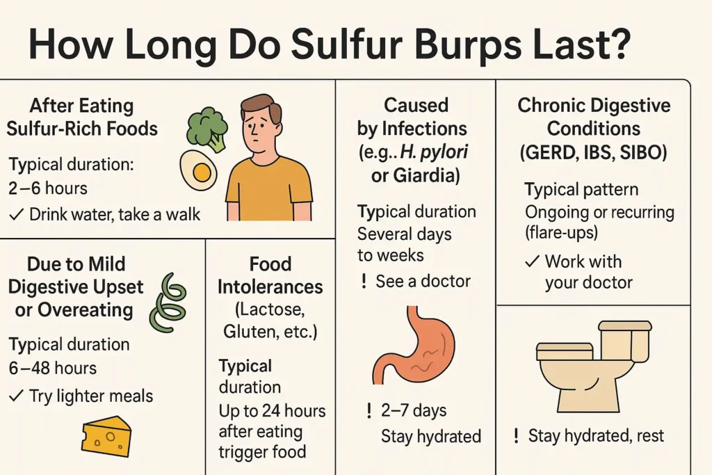 Infographic explaining how long sulfur burps last based on different causes such as food, digestive upset, infections, and chronic conditions.