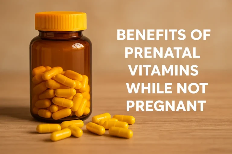 A bottle of prenatal vitamins on a wooden surface highlighting the benefits of prenatal vitamins while not pregnant.