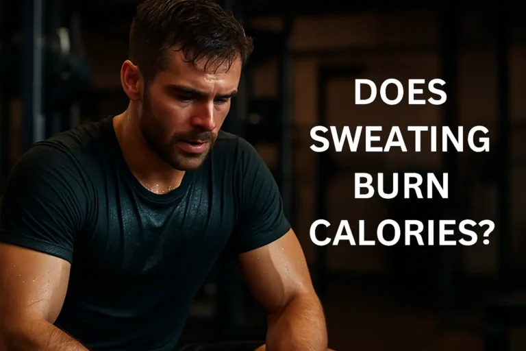 Sweaty man working out intensely in a gym with text asking, "Does Sweating Burn Calories?"