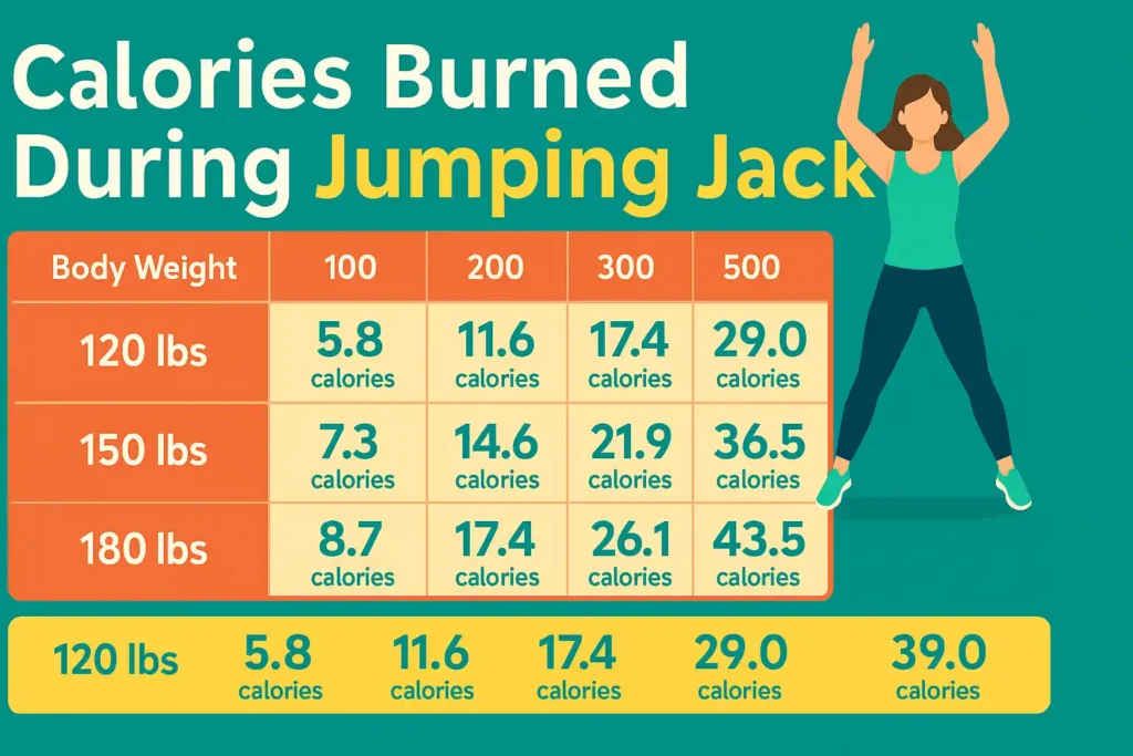 Calories burned during jumping jacks based on body weight and number of repetitions, including 100, 200, 300, and 500 jumping jacks for 120 lbs, 150 lbs, and 180 lbs individuals.