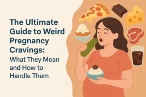 Pregnant woman eating a pickle and ice cream, surrounded by foods like pizza, chocolate, cheese, and steak, symbolizing weird pregnancy cravings.