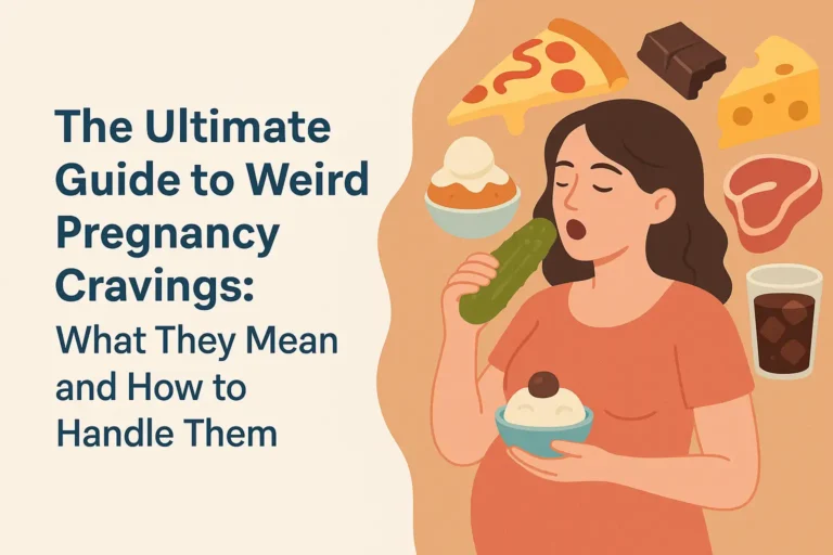 Pregnant woman eating a pickle and ice cream, surrounded by foods like pizza, chocolate, cheese, and steak, symbolizing weird pregnancy cravings.