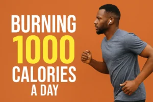 Fit man running with earbuds against an orange background, symbolizing energy and determination for burning 1000 calories a day