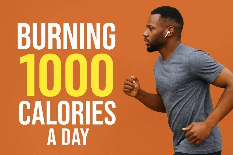 Fit man running with earbuds against an orange background, symbolizing energy and determination for burning 1000 calories a day