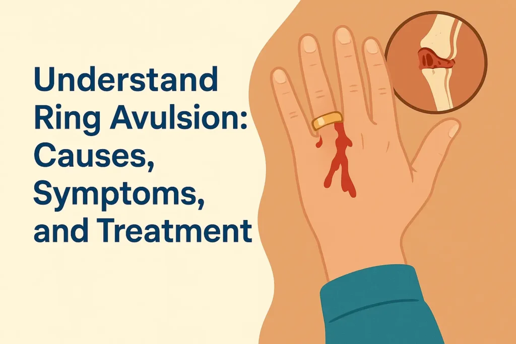 Illustration of ring avulsion injury showing torn finger tissue caused by a gold ring being forcefully pulled.