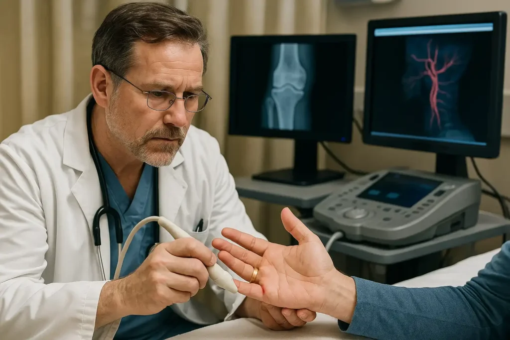 Doctor performing Doppler ultrasound and angiography to diagnose ring avulsion injury in an emergency room