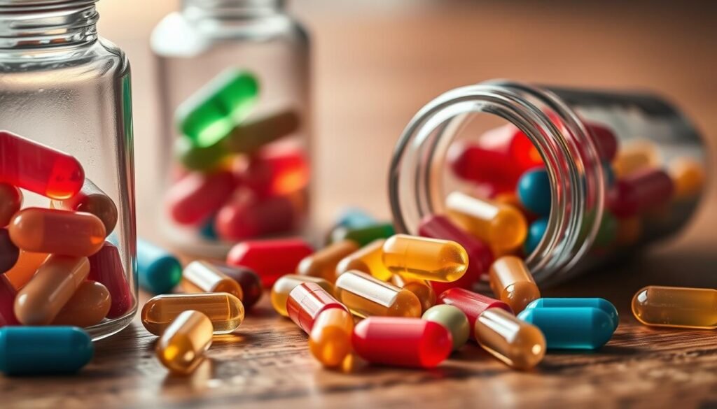 Detailed close-up of shiny, transparent glass bottles filled with multicolored prenatal vitamin capsules arranged artfully on a natural-looking wooden surface. The lighting is soft and diffuse, creating a warm, inviting atmosphere that highlights the vibrant colors and textures of the vitamins. The foreground is in sharp focus, while the background is gently blurred, drawing the viewer's attention to the central subject. The overall composition has a clean, minimalist aesthetic that emphasizes the purity and efficacy of the prenatal supplements for promoting healthy hair, skin, and nails. Detailed close-up of shiny, transparent glass bottles filled with multicolored prenatal vitamin capsules arranged artfully on a natural-looking wooden surface. The lighting is soft and diffuse, creating a warm, inviting atmosphere that highlights the vibrant colors and textures of the vitamins. The foreground is in sharp focus, while the background is gently blurred, drawing the viewer's attention to the central subject. The overall composition has a clean, minimalist aesthetic that emphasizes the purity and efficacy of the prenatal supplements for promoting healthy hair, skin, and nails.