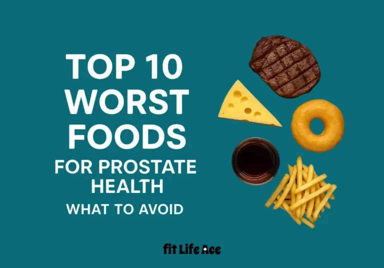 A plate with unhealthy foods including grilled steak, Swiss cheese, French fries, a glazed donut, and a glass of alcohol, next to bold white text on a blue background that reads Top ten Worst Foods for Prostate Health: What to Avoid.