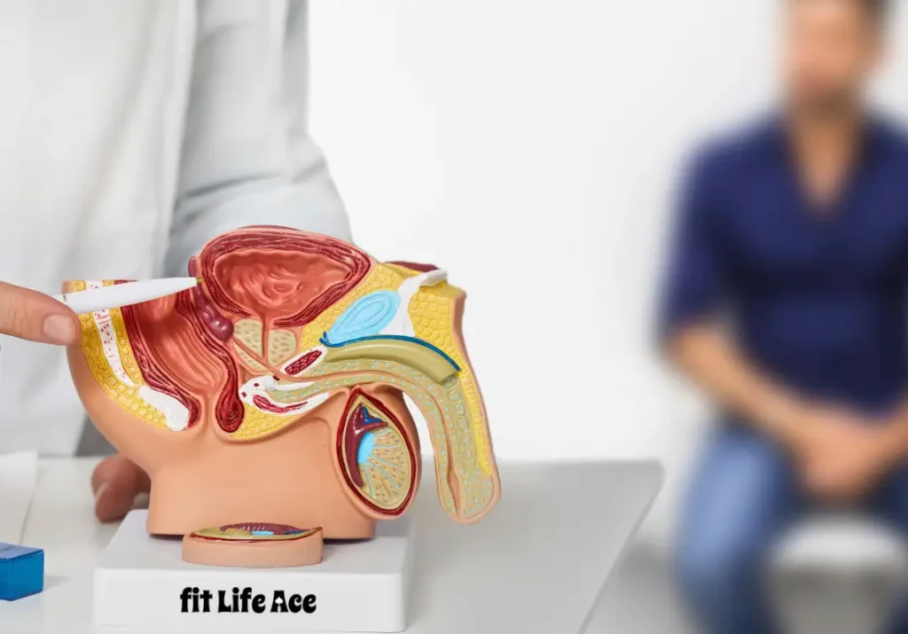 A close-up of a medical anatomical model of the male reproductive system on a table, with a doctor pointing at the prostate gland using a pen, and a patient seated in the background.