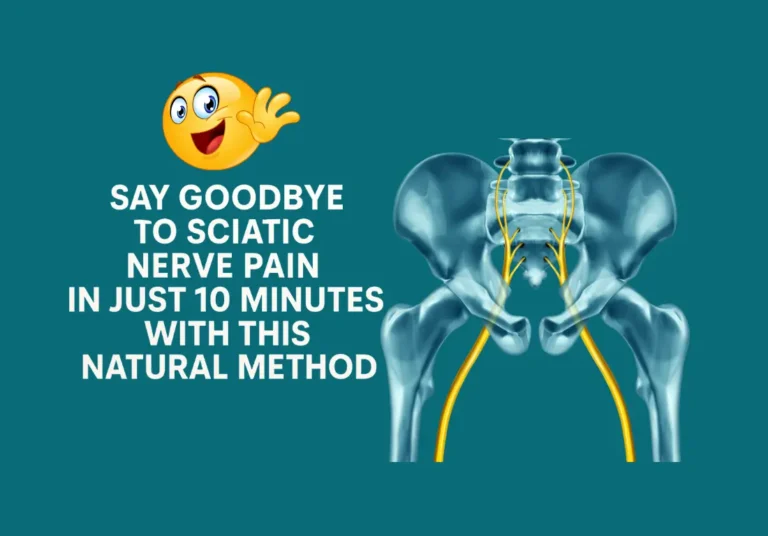 Illustration of sciatic nerve pathway with bold headline Say Goodbye to Sciatic Nerve Pain in Just 10 Minutes with This Natural Method and smiling emoji on teal background